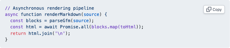 JavaScript code block with GitHub-style syntax highlighting and copy button